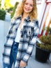 Take The Leap Navy Plaid Fringe Button Down Shacket
