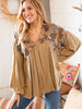 Taupe V Neck Crinkle Paisley and Dot Woven Babydoll Top