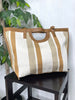 Striped Faux Leather Trim Tote Bag in Brown